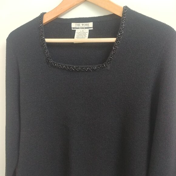 Vintage Hong Kong beaded trim square neckline black sweater top Large Pe… - Picture 2 of 12